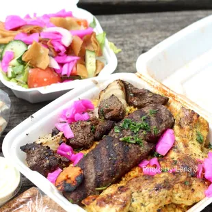 Mixed Plate ($20.95) - charbroiled shish kabob, shish kafta &amp; shish tawook, seasoned. Comes with fattoush.