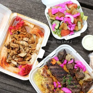 Mixed Plate ($20.95) and Hommous Topped w/ Meat (chicken) ($12.95 for medium)