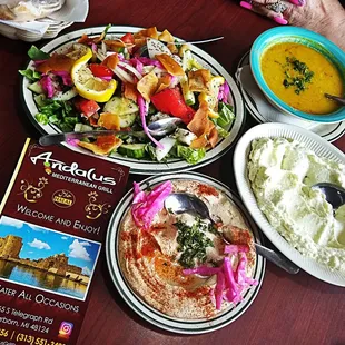 Fatoush Salad, Lentils Soup, Hummus and Toum