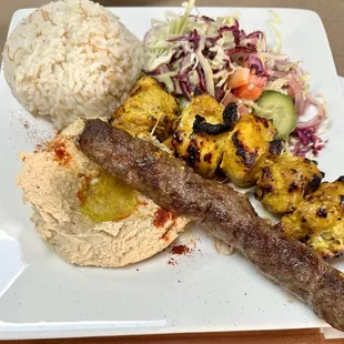 2 meat plate.  Chicken and Lamb Kofta with rice and salad