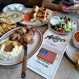 City Chicken with real Lumpy Mashed Potatoes and Greek Chicken Kebab  broth meals come with Soup and Salad with Bread Basket EAT CHEAP