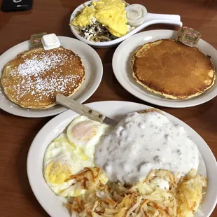 pancakes, eggs, hash browns and pancakes
