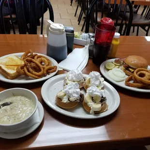 Grilled cheese with fresh, hand battered onion rings and lemon chicken rice soup and banana Nutella mini waffles.