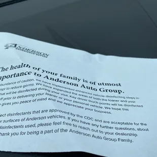 Safety note inside your car after they service it