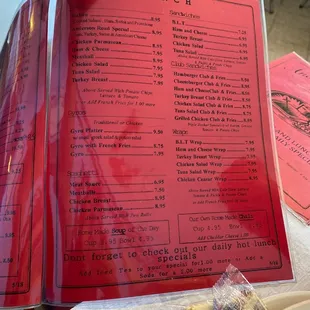the menu for lunch