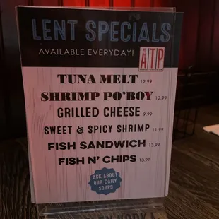 Lenten specials at Anderson Township Pub.