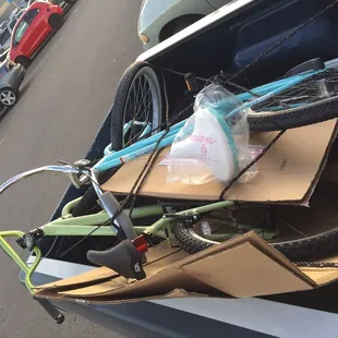 We're excited about our purchase. So glad they offered us cardboard so that way the bikes wouldn't get scratched.