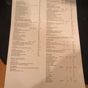 Wine and drink menu