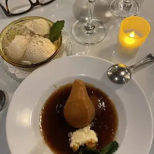 Poached pear in masala, vanilla and cinnamon. Caramel gelato.