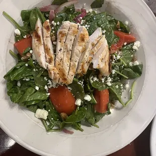 Warm tomato spinach salad with grilled chicken