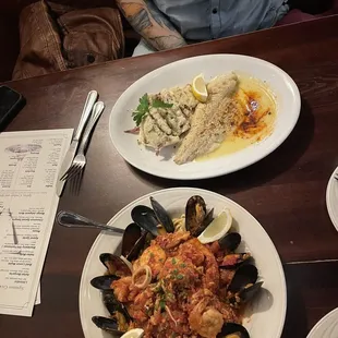 Seafood Linguini Frutti and Parmesan Crusted Walleye
