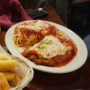 Chicken Parmigiana with angel hair pasta