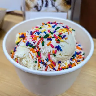 Double Scoop. $8.00. French Vanilla on top and Cake Batter on the bottom. Sprinkles were free.