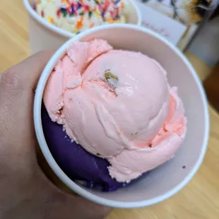 Double Scoop. $8.00. Rose Pistachio on top and Ube on the bottom. Background is French Vanilla on top and Cake Batter on the bottom.