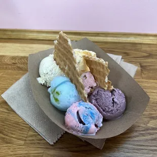 Ice cream flight (6 mini scoops and two waffle wedges)