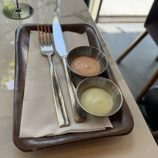 Sauces for Yucca fries. Pink sauce is mayo + tomato sauce