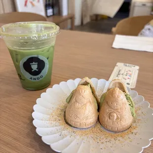 Hinamatsuri (Girl's Day) special: matcha monaka - mochi wafers filled with matcha soft serve and topped with Okinawan black sugar
