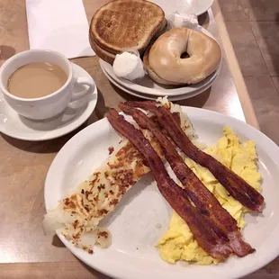 Breakfast special, 2 eggs, bacon, homefries &amp; a bagel
