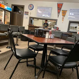 tables and chairs in a restaurant