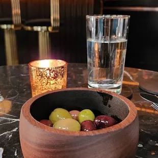 Complimentary warm olives