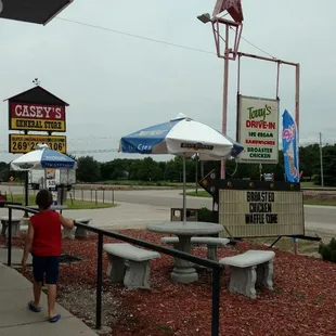Fun seating outside and inside.