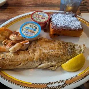 Grilled haddock, grilled shrimp, and carrot souffle