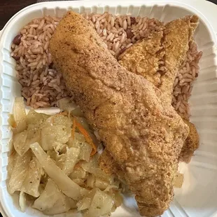 Whiting Platter with cabbage &amp; rice + peas