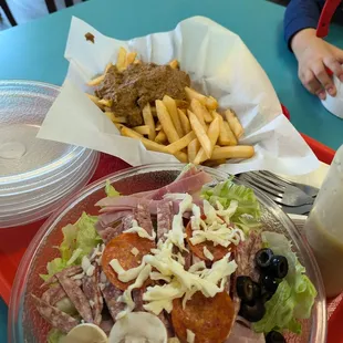 Chili French fries and Antipasto Salad