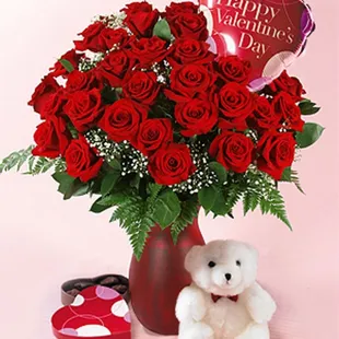 One Dozen Rose, bear, chocolate, and Balloon for 139.00