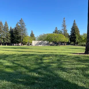 Largely grass area with stage