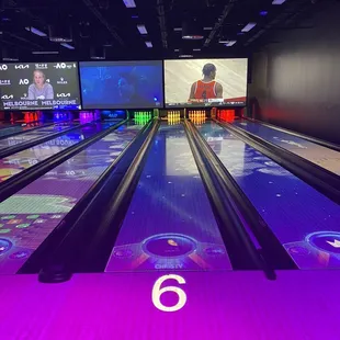 Bowling lanes are all lit up