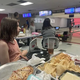 Pizza, burger, fries and bowling