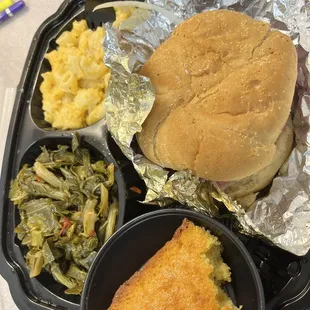 Southern Pit Beef Sa'm'wich Express,Macaroni and Cheese,Collard Greens and Cornbread