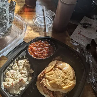 Regular pork sandwich express, w potato salad &amp; BBQ beans (you get a choice of 2 sides) &amp; a drink. Be sure to add the Bama sauce.