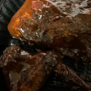 I put Barbecue sauce on it because it was sooooo dry and it still taste hard and burnt. Don't get the chicken. My husband loved the ribs.