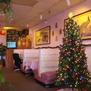 a christmas tree in the dining room