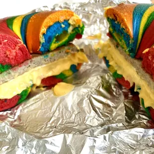 Rainbow egg, sausage, and cheese bagel