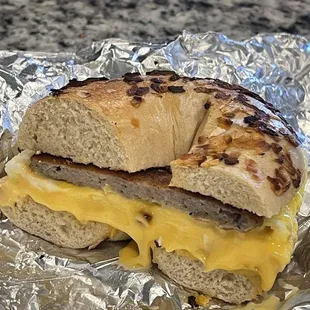 Onion bagel with sausage egg and cheese