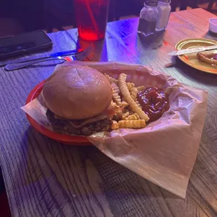 Bacon Cheese Burger and fries