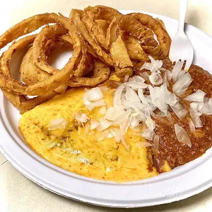 Chili &amp; cheese w/ fresh onions... Onion rings on side, so delicious!