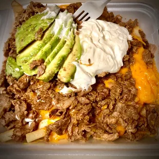 &quot;Carne Asada Fries&quot;, the steak, cheese, beans, avocado &amp; sour cream all great! Fries got too soggy on the bottom.