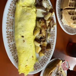 Sausage and Cheese (Feta) Omelet with Potatoes and Raisin Toast