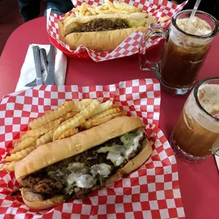 Philly cheese steak basket and Root beer floats