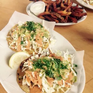 Grilled halibut tacos with extra crispy fries