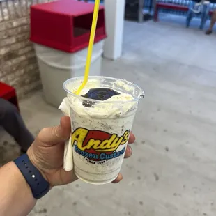 Vanilla custard with brownie pieces and hot fudge.