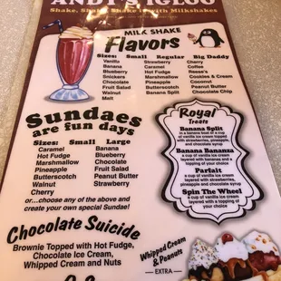 Ice cream menu