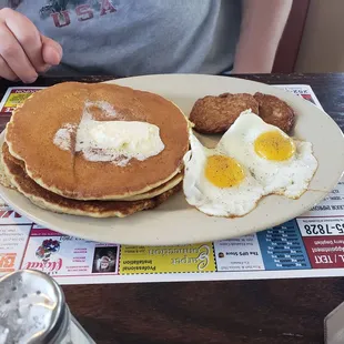 Pancakes, turkey sausage(not good) and eggs