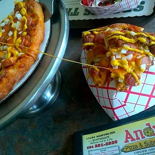 Love  a great Cheddar Cheese pull. Coney Dog Pizza  rules Delicious