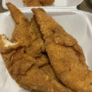 Very good chicken tenders. Looks dark but isn't. Very light flavor breading. Chicken hearty.