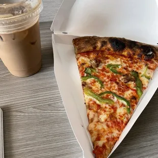 Sausage and Pepper Pie, grabbed to go on day 2 (coffee is from a different spot)